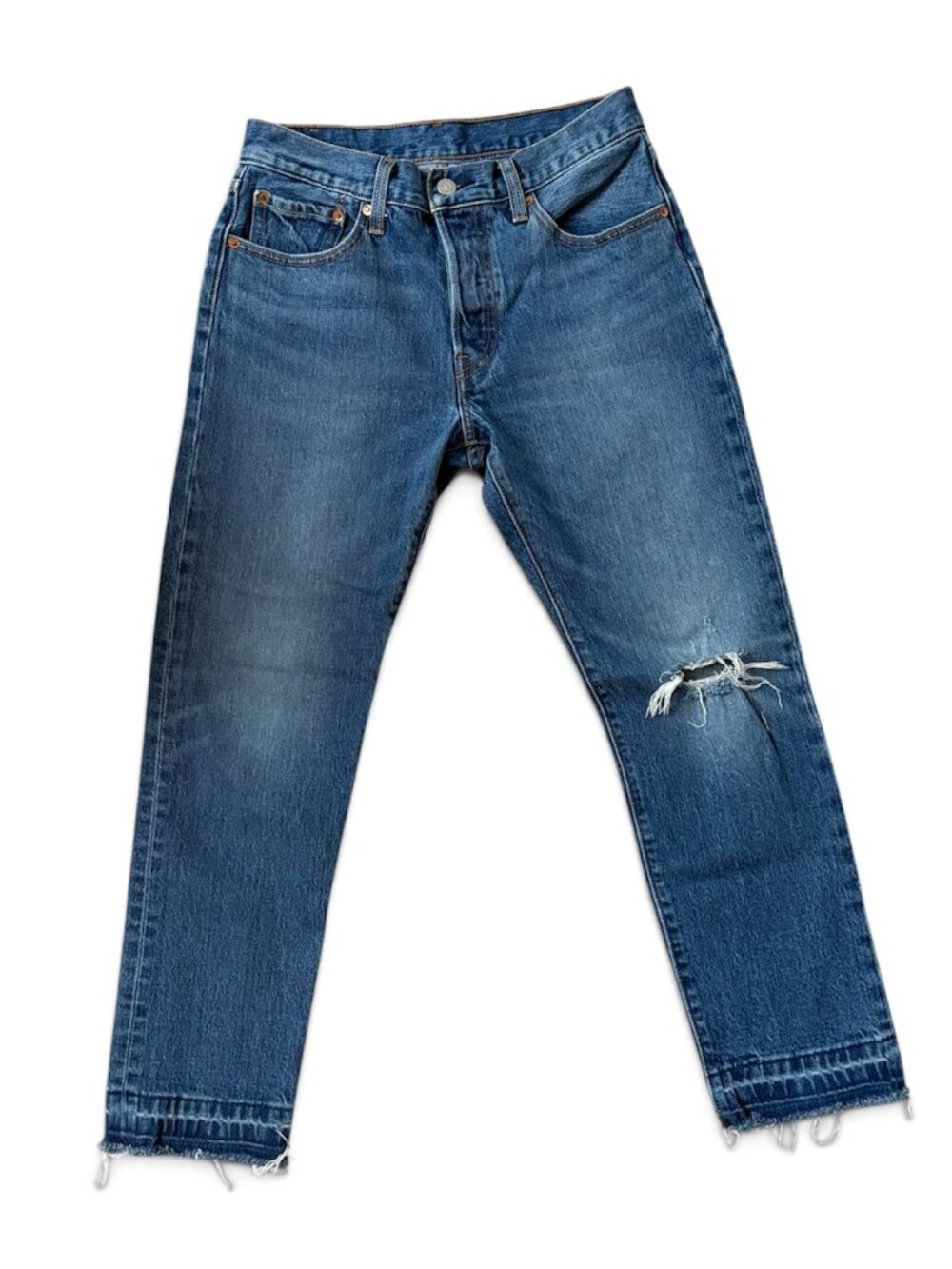 Levi's 501 Straight Leg Distressed Jeans Medium Wash Button Fly
